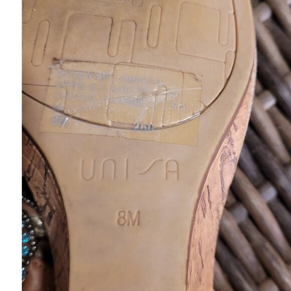 UNISA Rhinestone Cork Wedge Sandals 8 Tan Turquoise Flip Flop Beach Glam Resort - Picture 7 of 10